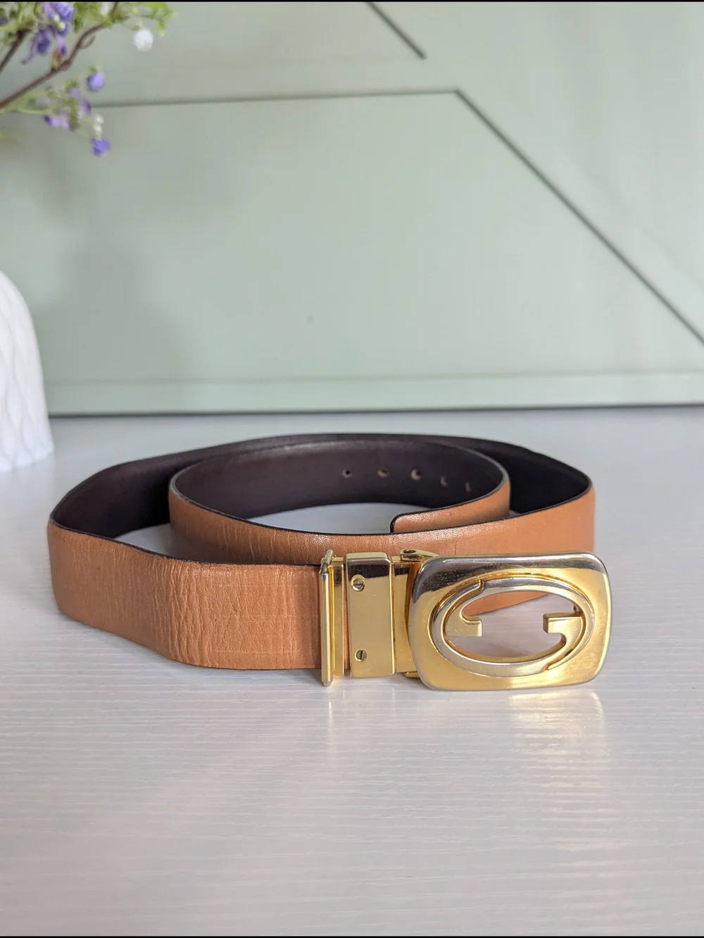 Gucci Tan Leather Belt with Gold G Buckle